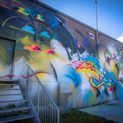 Rime MSK, an American graffiti artist created a mega-mural on the walls of the Western Fair District